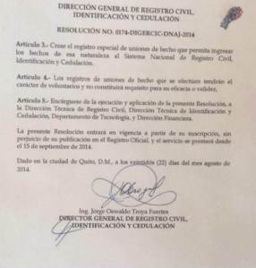 Resolución 174 del Registro Civil del Ecuador que  reconoce como estado civil uniones de hecho - Acuerdos con Rafael Correa (1)